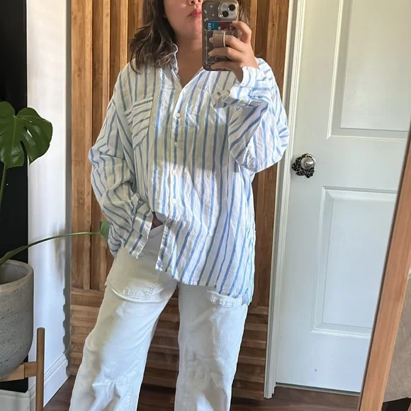 J Jill Love Linen Shirt Top Blue White Long Sleeve Striped. Size XL - Picture 4 of 12